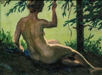 Liegender Frauenakt in Rückenansicht unter Bäumen - Norbert Thomae