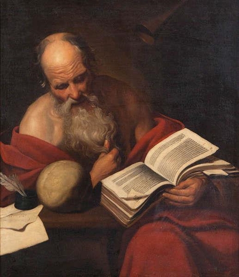 Meditating Saint Jerome with the Final Judgements trumpet by Jacob van Oost