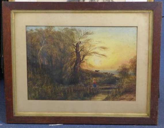 Woman and cattle in a landscape at sunset by Andrew Nicholl