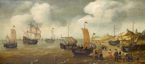 Artwork by Cornelis Verbeeck, DUTCH MERCHANTMEN AND OTHERS SHIPPING OFF A ROCKY COAST, Made of Oil on panel