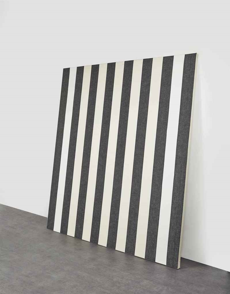 Daniel Buren Peinture acrylique blanche sur tissu rayé blanc et noir