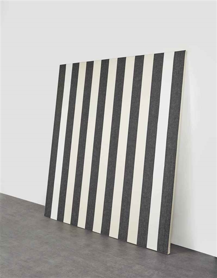 Peinture acrylique blanche sur tissu rayé blanc et noir by Daniel Buren, 1971