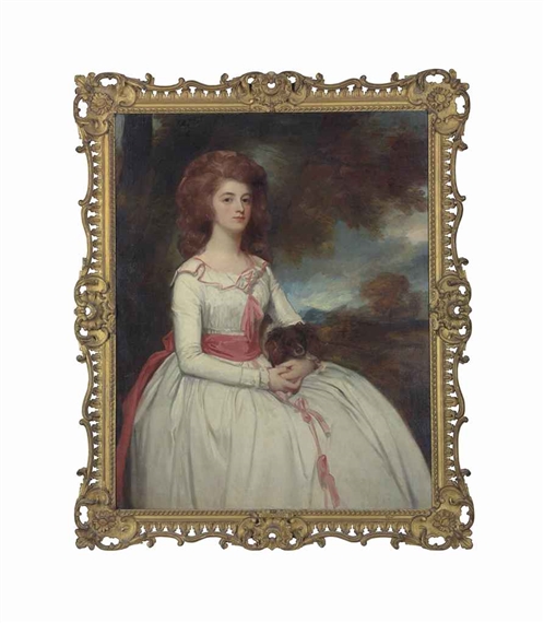 Portrait of Mrs Moody (c.1767-1820), second wife of Samuel Moody, three-quarter-length, in a white dress trimmed with pink bows and a pink sash, holding a dog in her lap, in a landscape by George Romney, 1734