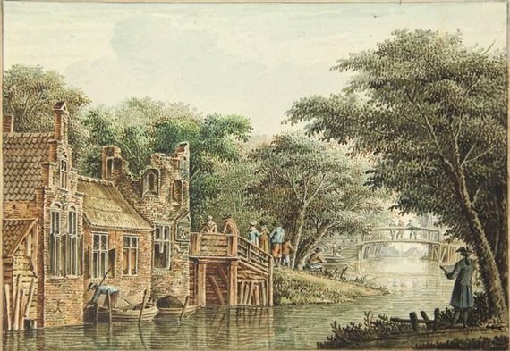 Houses on a stream, a bridge with people in the background by Dirk Verrijk