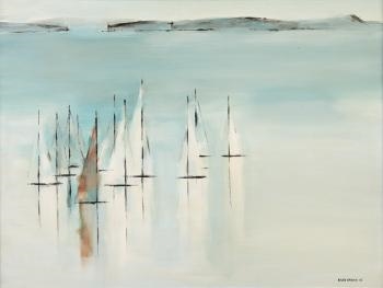A serene watercolor seascape featuring a fleet of sailboats on calm waters.