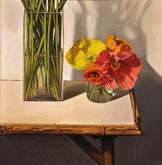 Still Life – Poppies and Vase on a Bamboo Table - Lisa Young