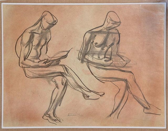 Study of two seated male nudes by Ivon Hitchens, 1960