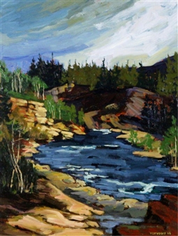 A vibrant landscape painting of a river flowing through rocky terrain under a dramatic sky.