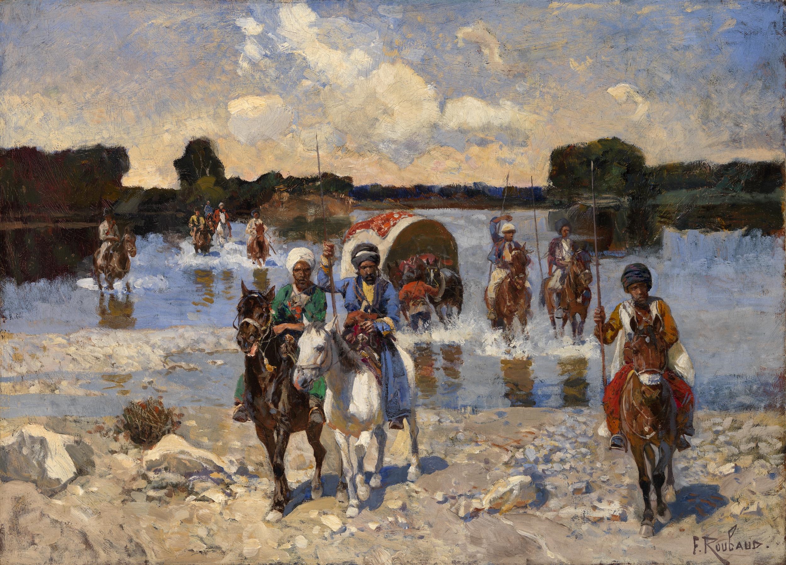 Artwork by Frants Alekseevich Rubo, Circassian Horsemen Fording a River, Made of Oil on canvas