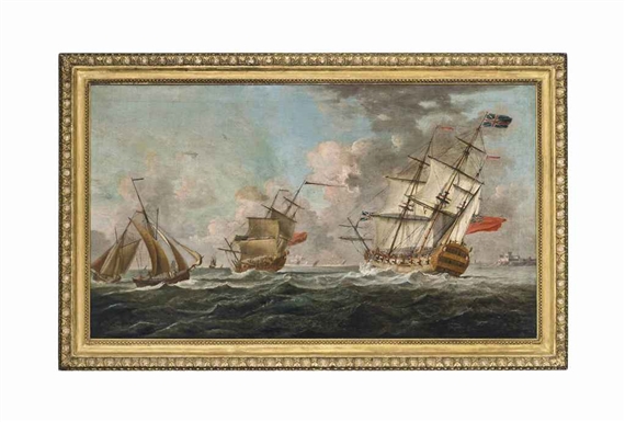 Warships of the Royal Navy heeling in the breeze off, what has traditionally been identified as, Castle Cornet, St. Peter Port, Guernsey by Francis Swaine