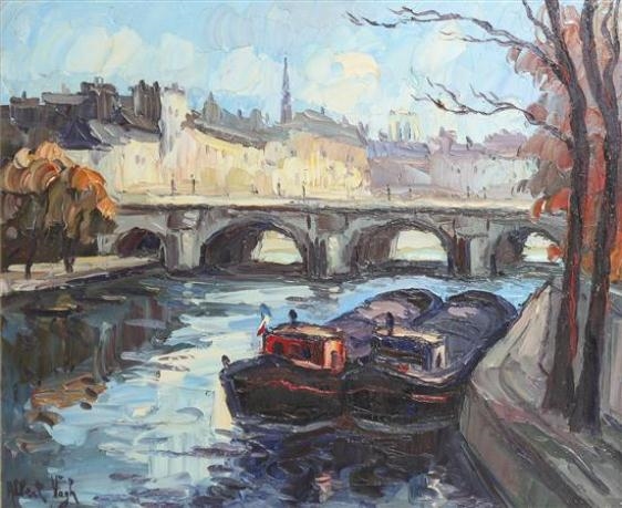 A painterly scene of a river with boats, a bridge, and a cityscape in the background.