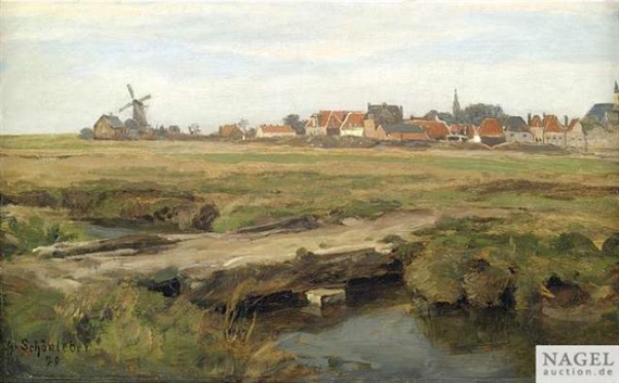 Dutch Landscape in Fall with a Village by Gustav Schönleber, 1879