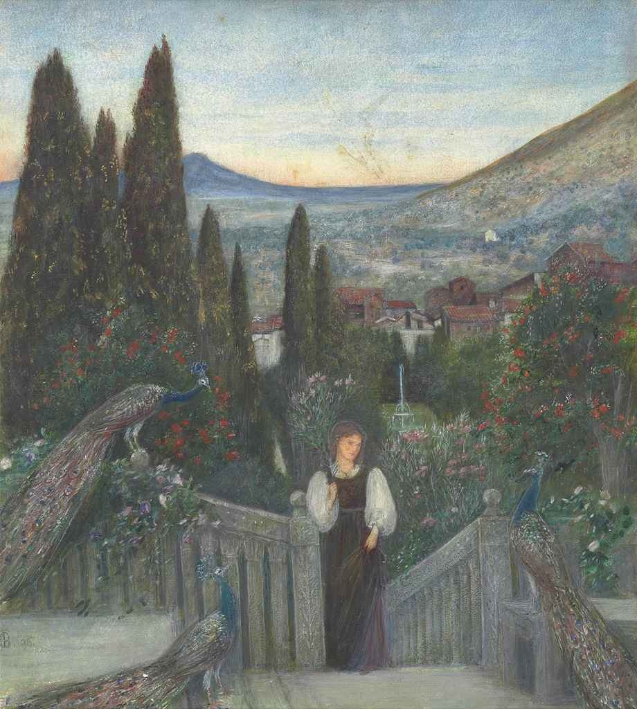 A lady with peacocks in a garden, an Italianate landscape beyond by Marie Spartali Stillman