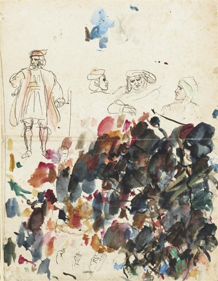 SHEET OF STUDIES PROBABLY FOR GOETZ DE BERLICHINGEN AND COLOUR STUDIES by Eugène Delacroix
