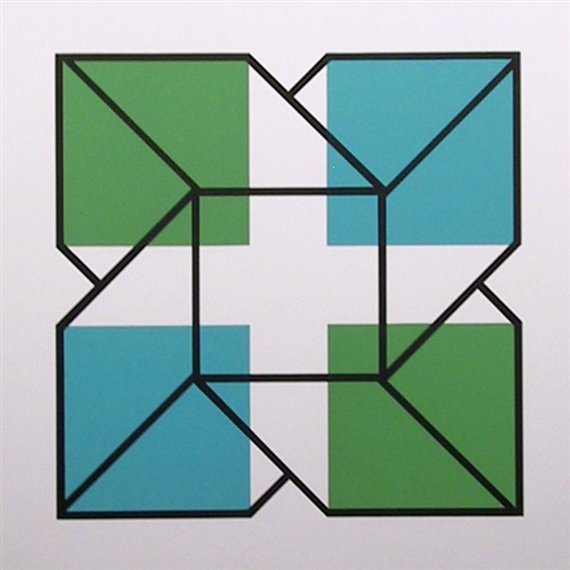 Untitled-Twisted Cube in Green and Blue by Jules Engel, Circa 1970