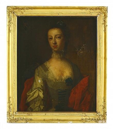 Portrait of a Lady, Half Length, in a White Dress and Red Wrap, Possibly a Member of the Conyers Family by Enoch Seeman, 1742