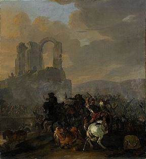 Battle scene outside a ruin by Herman van Lin