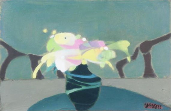 Still life with green vase & chair backs by Alfred Defossez