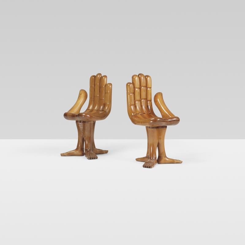 Artwork by Pedro Friedeberg, A Pair: Hand-Foot chairs, Made of carved Mexican walnut
