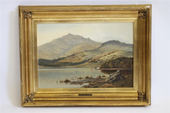 Welsh Mountain Scene with Cattle Watering by Thomas Spinks, 1874