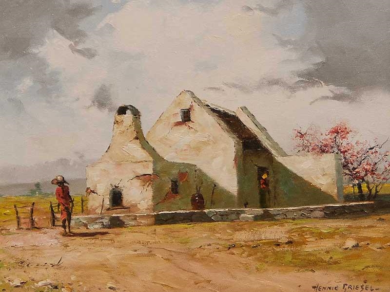 Artwork by Hennie Griesel, Cottage and Figures, Made of Oil