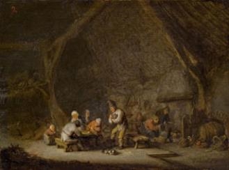 Interior of a barn with peasants by Adriaen van Ostade, 1636
