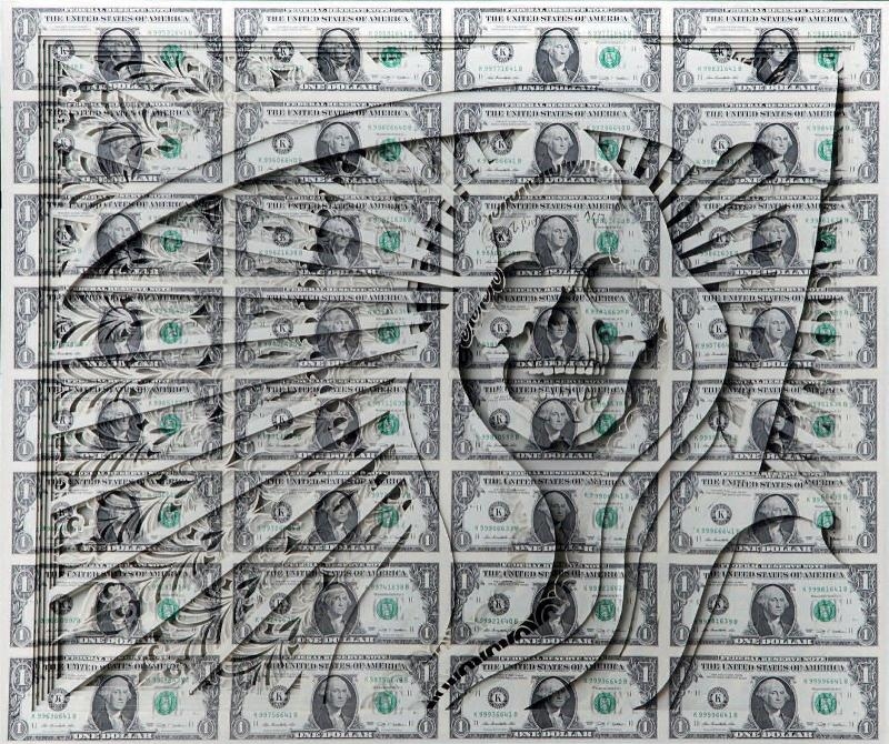 Artwork by Scott Campbell, The Grim Reaper, Made of multi-layered cut and uncut US currency sheets