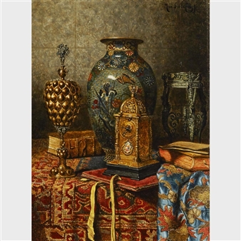 2 WORKS; STILL LIFE WITH CLOISONNE VASE, CLOCK AND POKAL; STILL LIFE WITH SATSUMA AND CLOISONNE VASES - Max Schödl