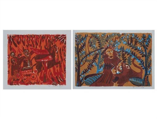 2 Works: Chariot with Winged Horses; Lions in a Jungle by Azaria Mbatha