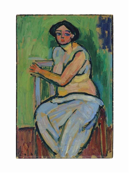 Sitzender Halbakt mit blauem Rock by Alexej von Jawlensky, 1910