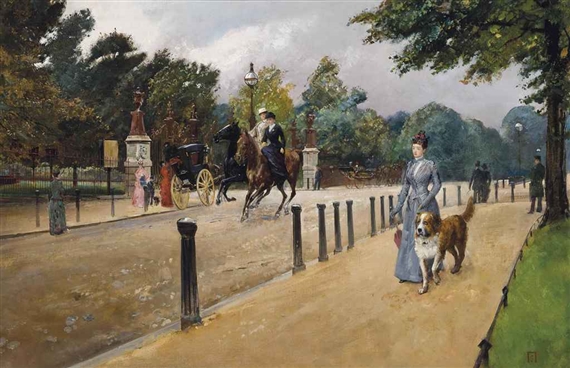 A view of West Carriage Drive looking onto Coalbrookdale Gate, Hyde Park, London by Robert Ponsonby Staples