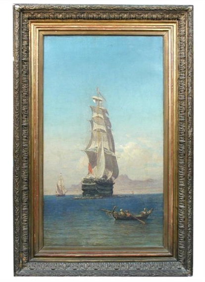 A Man-of-War off a mountainous landscape, with Turks in a rowing boat by Louis Lottier