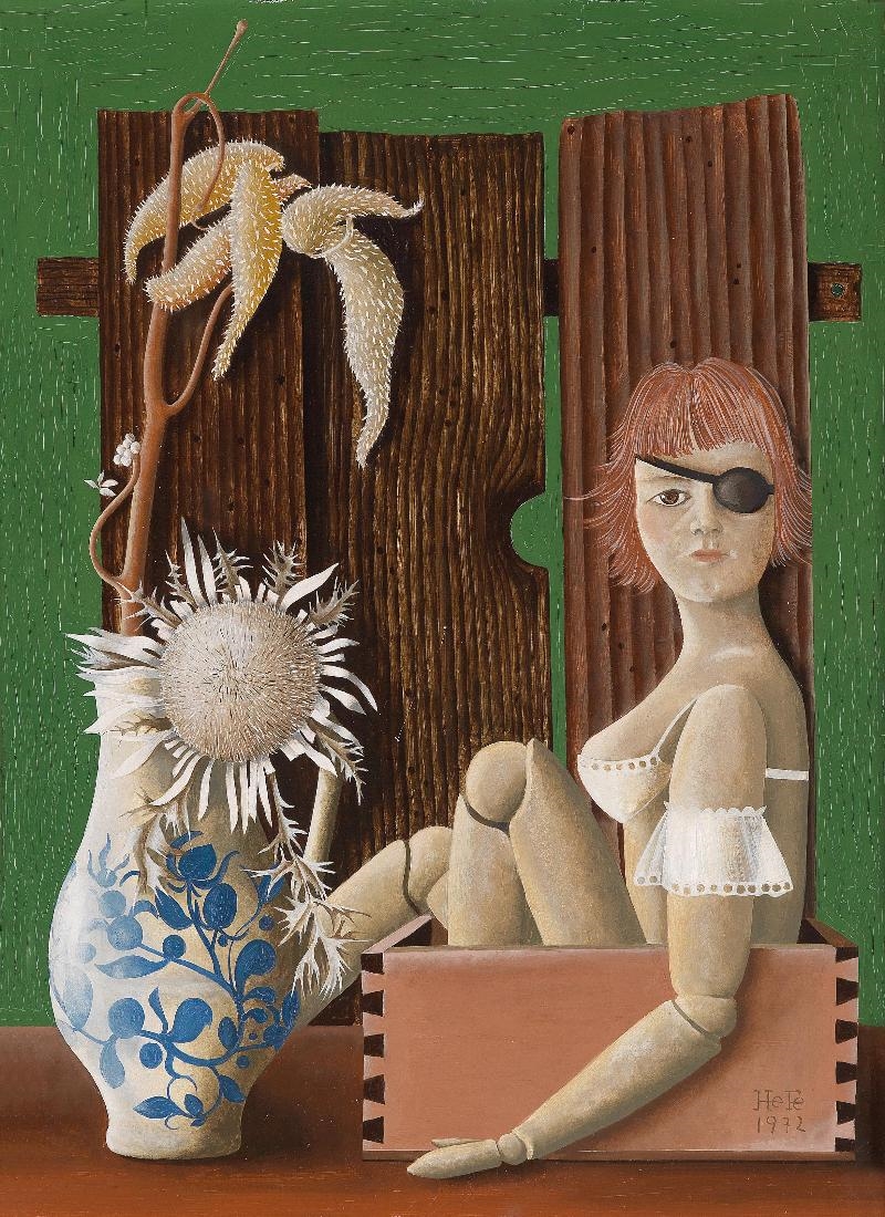 Artwork by Leopold Fetz, Stillleben mit Distel und Gliederpuppe, Made of oil on plywood