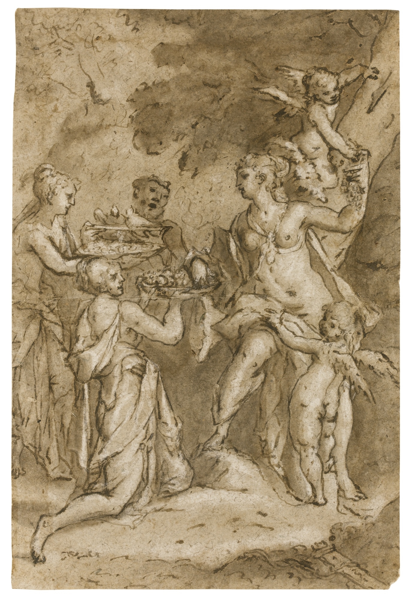 Artwork by Bartholomeus Spranger, RECTO: NYMPHS MAKING OFFERINGS TO VENUS; VERSO: STUDIES FOR A RESURRECTION, AND A BAPTISM OF CHRIST, Made of Pen and brown ink and wash