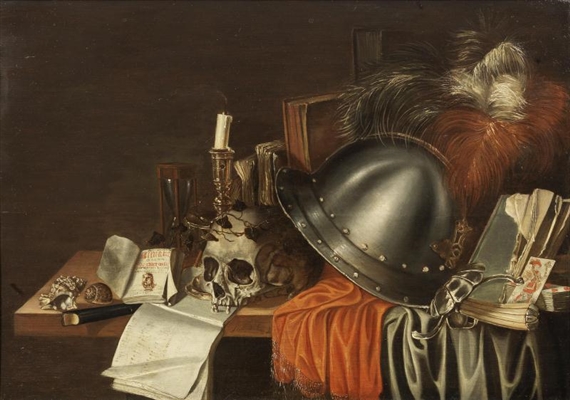 A Plumed Helmet a Skull with Shells, Candle and an Hourglass with Other Objects on a Draped Table by Adriaen Verdoel