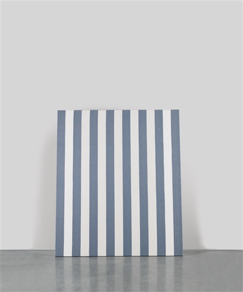 PEINTURE ACRYLIQUE BLANCHE SUR TISSU RAYÉ BLANC ET BLEU by Daniel Buren, 1973