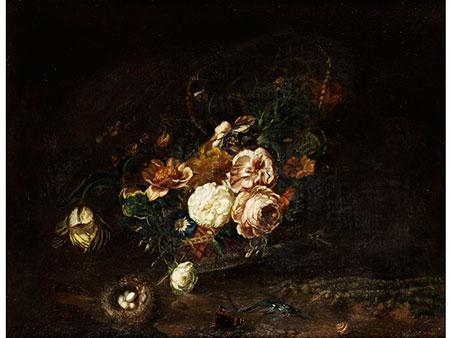 STILLEBEN MIT EIDECHSE UND VOGELNEST by German School, 18th Century