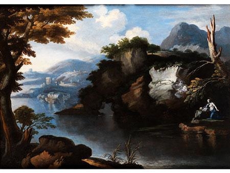 GROSSE, FELSIGE KÜSTENLANDSCHAFT MIT DER BÜSSERIN MARIA MAGDALENA by Johan Heinrich Roos