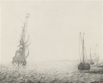 A MAN-O-WAR, TOGETHER WITH BOATS AND FISHERMEN HAULING IN THEIR CATCH - Ludolf Backhuysen I