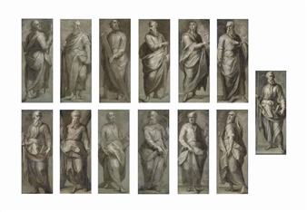 The Twelve Apostles: Saints Andrew, Thomas, Philip, Bartholomew, Simon Zealot, Mathias, James the Great, Jude, Matthew, Peter, James the Less and John; and Saint Paul - Italian School, 17th Century