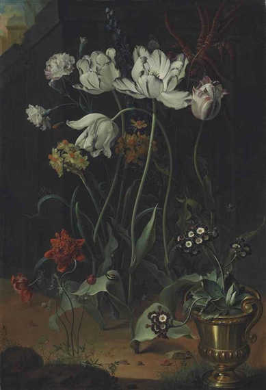Parrot tulips, narcissi, carnations and other flowers, with primroses in a bronze urn by Coenraet Conrad Roepel, 1715