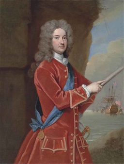 Portrait of Vice-Admiral James Berkeley, 3rd Earl of Berkeley (1680-1736), three-quarter-length, in a scarlet coat with the sash of the Order of the Garter, holding a baton, a fleet beyond - Godfrey Kneller