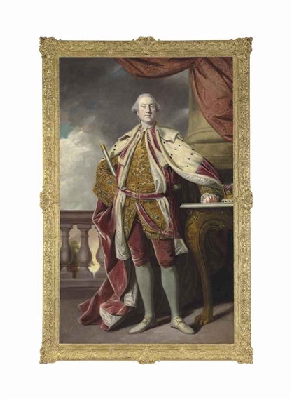 Portrait of James Hay (1726-1778), 15th Earl of Erroll, full-length, in Coronation robes, holding the baton of the Lord High Constable of Scotland, a balustrade and a tree beyond by Sir Joshua Reynolds