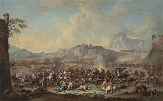 An extensive mountainous landscape with a battle scene by Francesco Simonini