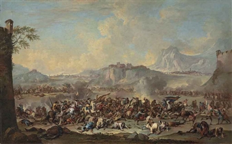 An extensive mountainous landscape with a battle scene - Francesco Simonini