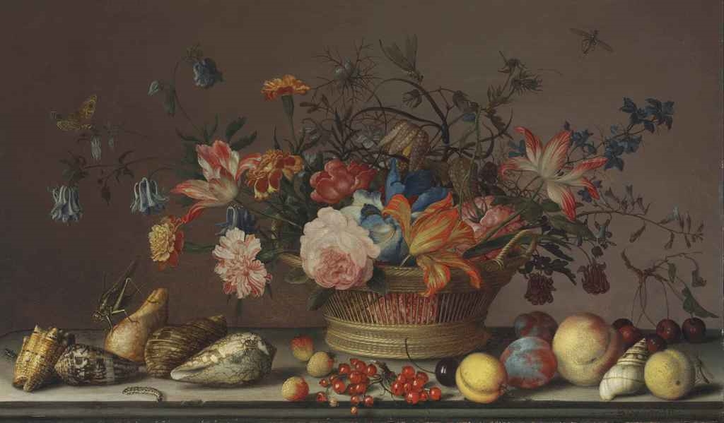 Artwork by Balthasar van der Ast, Parrot tulips, carnations, columbine, marigolds and other flowers in a woven basket, with shells, peaches, cherries, cranberries, plums, a grasshopper and other insects, on a stone ledge, Made of oil on panel