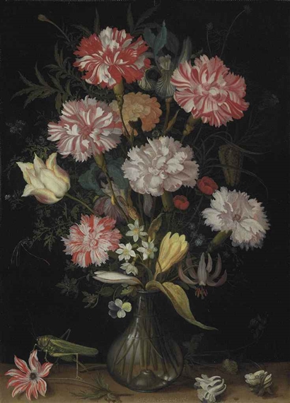 Carnations, a tulip, an iris, fritillaries, a crocus and other flowers in a glass vase, with a grasshopper, a snail and other insects on a stone ledge
