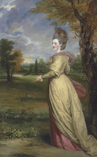 Portrait of Lady Frances Marsham, later Countess of Romney (1755-1795), full-length, in a yellow dress and pink shawl, in a park landscape by Sir Joshua Reynolds, 1776