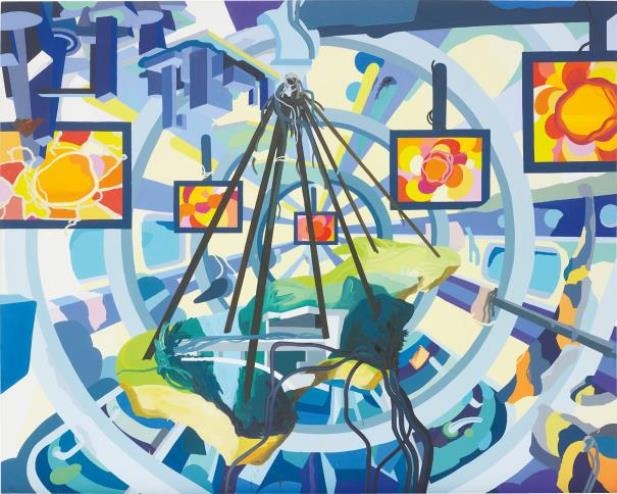 Artwork by Franz Ackermann, Transall delivering a piece of my hometown, Made of oil on canvas