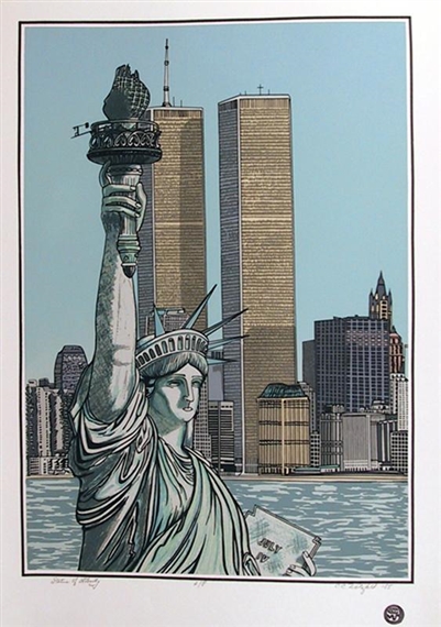 A graphic print of a statue holding a torch against a city skyline with twin towers.